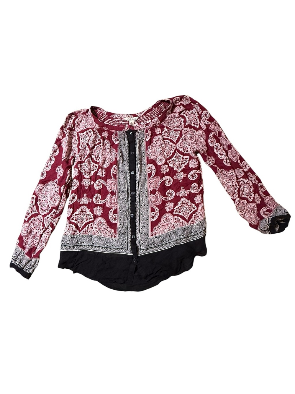 Lucky Brand BOHO Button Front Blouse Size Small Red White Gray Black Cotton Blen